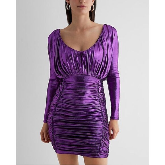 Express NWT Purple Metallic Ruched Long Sleeve Mini Bodycon Dress Size Small - Picture 2 of 12
